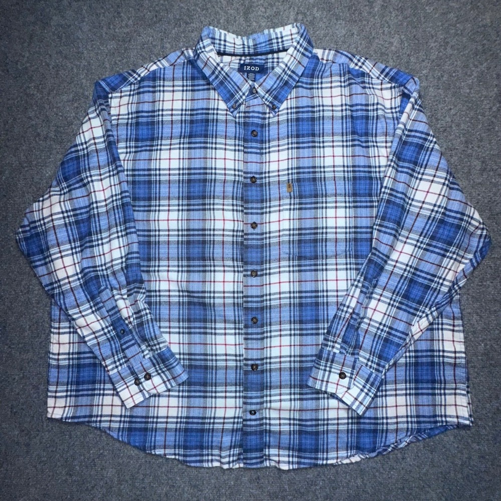 IZOD Flannel Shirt‎ Men's 3XL Blue White Plaid Button Up Long Sleeve Cotton